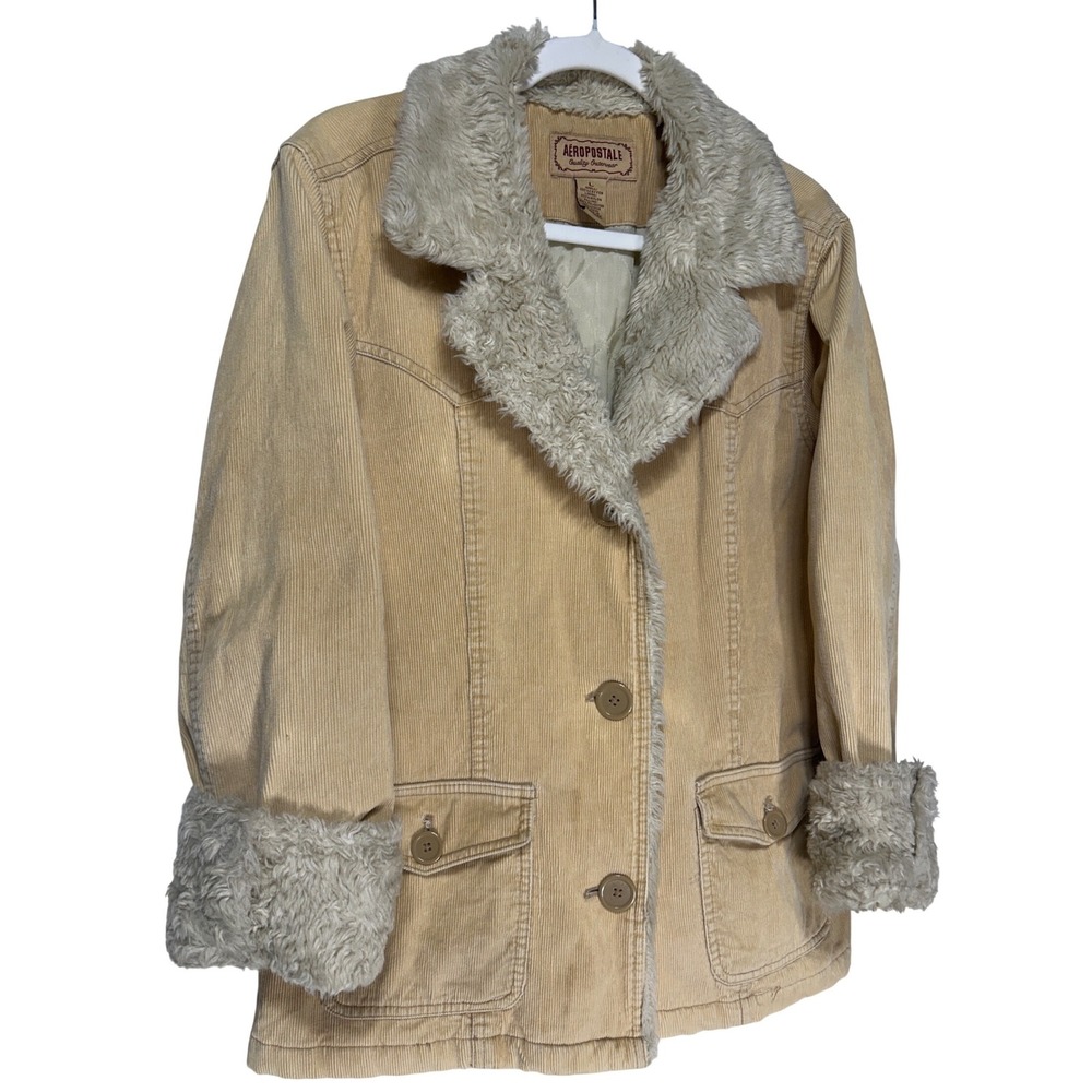 VTG Y2K Era Aeropostale Tan Corduroy Faux Fur Trim Jacket Size Large